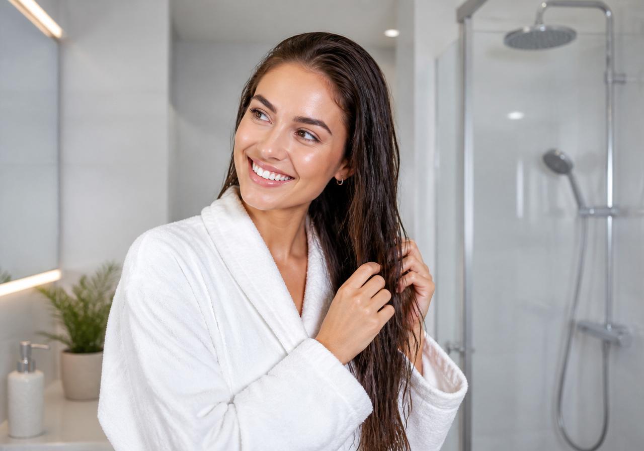 Young woman enjoying a soft-water shower β silky hair, smooth skin, no hard-water scale
